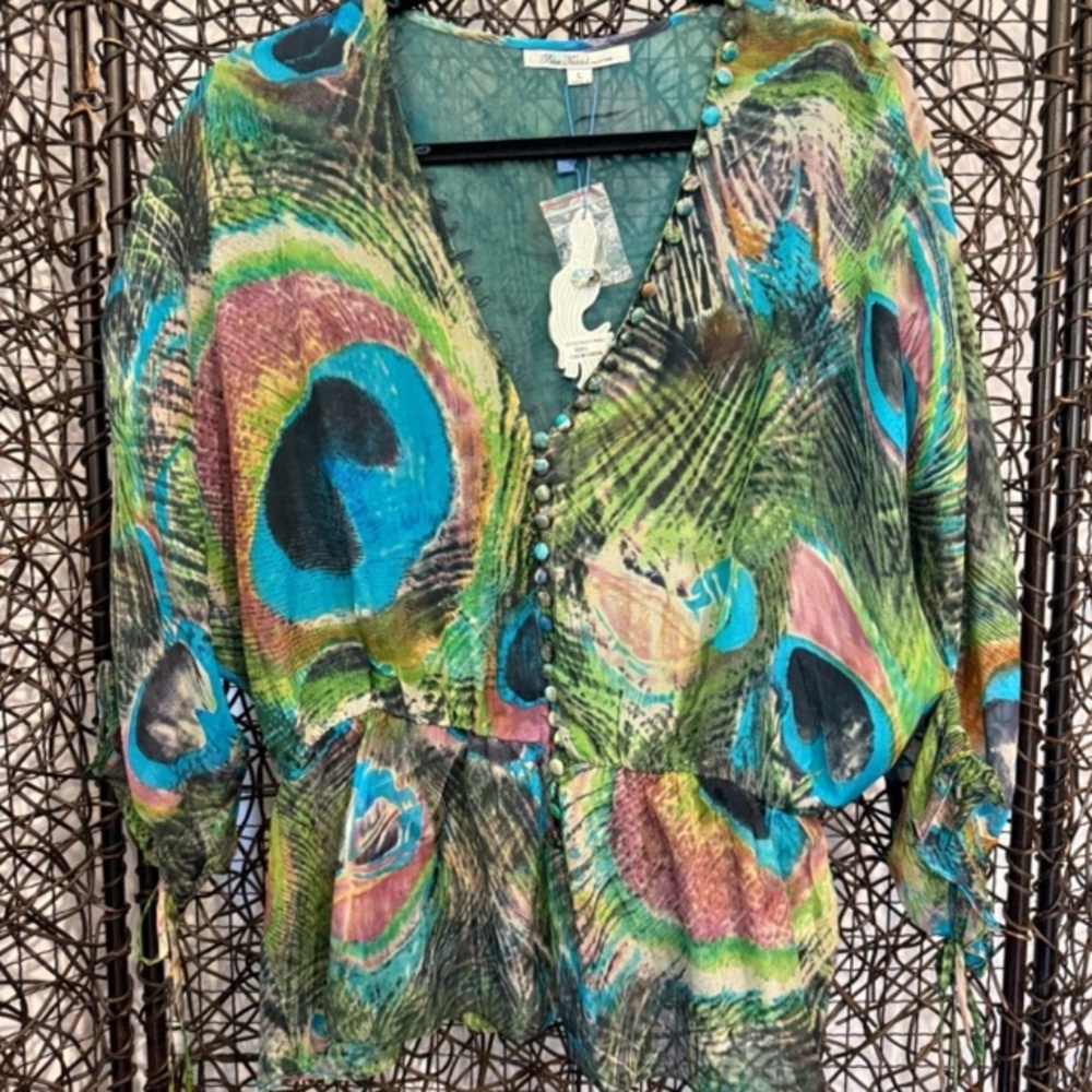 Blue Tassel: Anthropologie Designer Silk Blouse NWT L Peacock Print silk